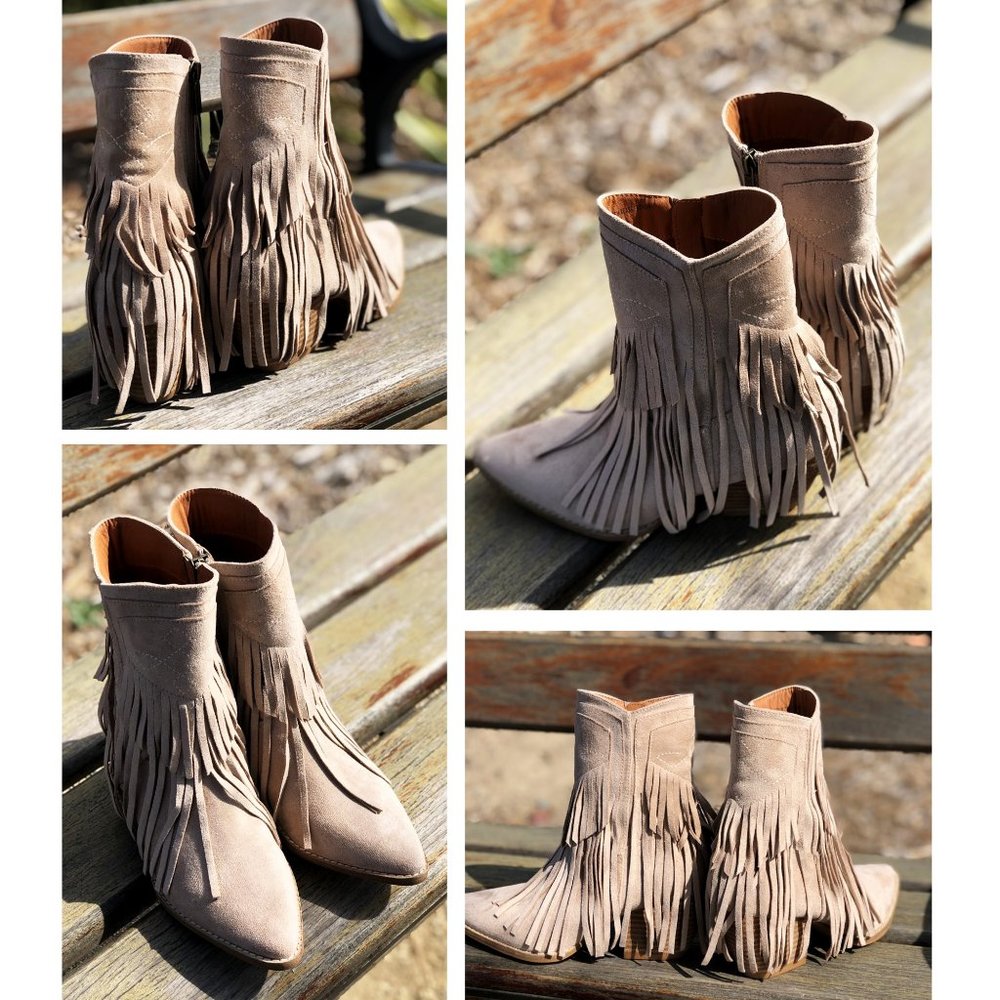 NEW Fringe Tassel Faux Suede Pointy Toe Block Heel Western Booties Boots Taupe - Picture 7 of 14